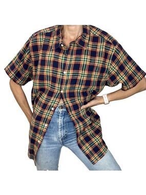 Springfield linen blend plaid short sleeve custom fit shirt 2XL